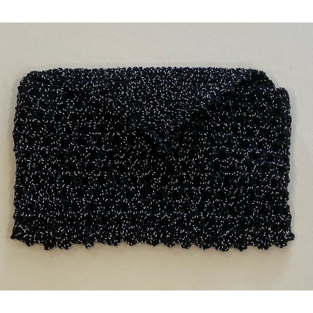 Vintage Black White Crocheted Coin Purse Snap Closure Inner Lining Mini Size